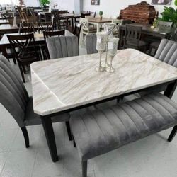 ✅️✅️ 5 pc Pascal black wood finish faux marble top dining table set grey fabric (Bench not included)✅️✅️