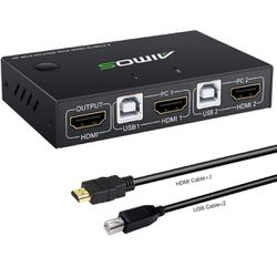 Switch HDMI 2 Port 4K@30Hz, HDMI and USB Switch for 2 Computer Share one Set of Keyboard Mouse and 1 UHD Monitor, Support Hotkey Switch, with 2 HDMI C