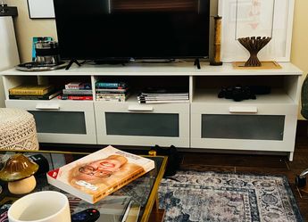 White TV Stand with Glass Door Drawers