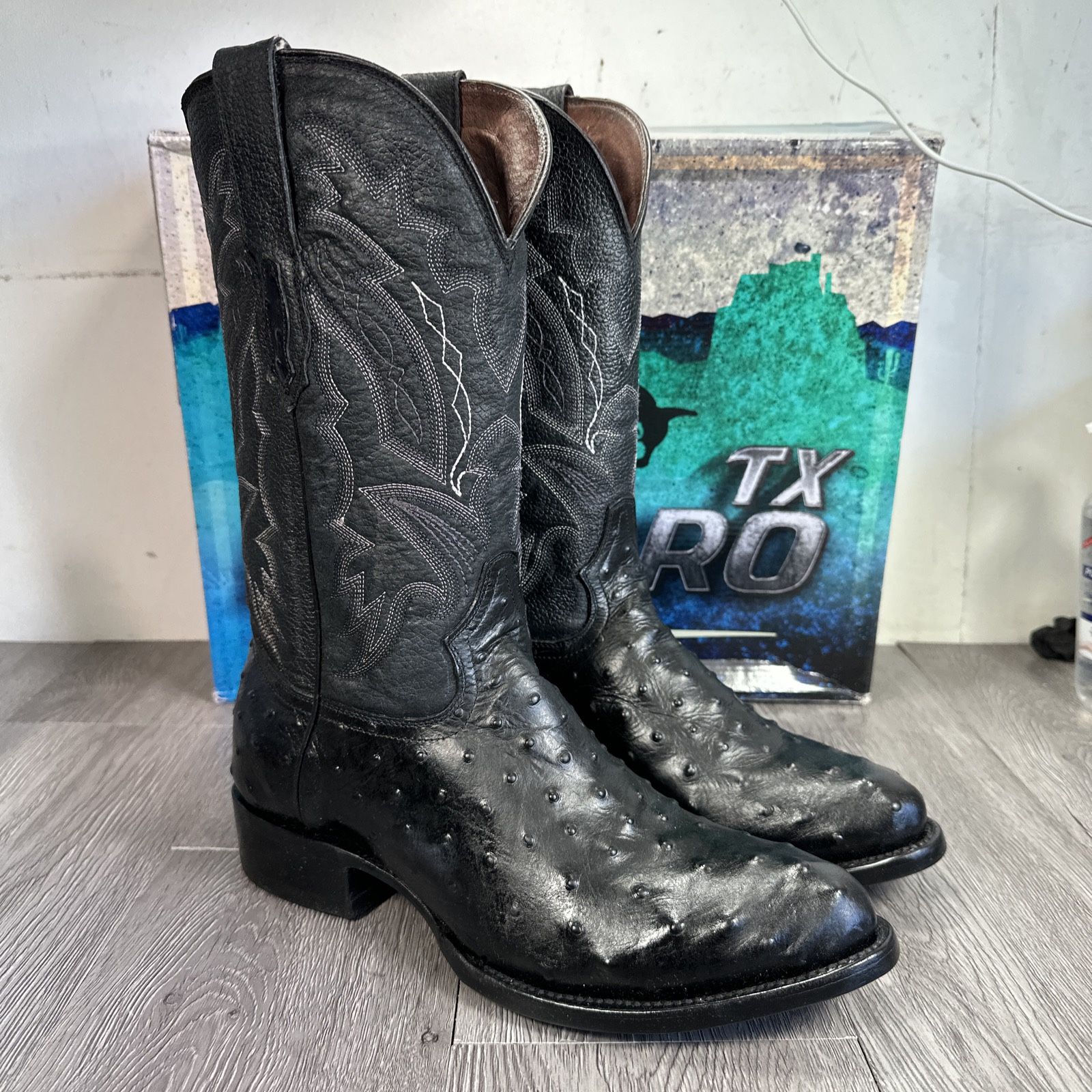 REPARO Mexico Black Print Ostrich Leather Sole Western Cowboy Boots Mens 10.5