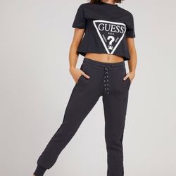 LIKE NEW GUESS LOGO BLACK WHITE OVERSIZED TSHIRT CROP TOP SHIRT WOMEN'S SIZE SMALL