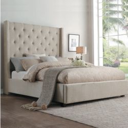 Beige King Upholstered Platform Bed | Wood