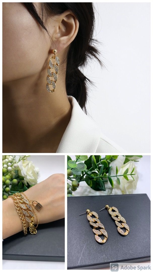 European Style Multilayer Pendant Crystal Chian Bracelet and Earrings, Gold Color