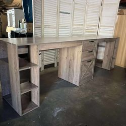 Farmhouse 96.5" Computer Desk with Drawers, 2 Person Home Office Desk, Gaming Double Desk with Storage Shelves, Long Two Person Writing Desk (Grey)