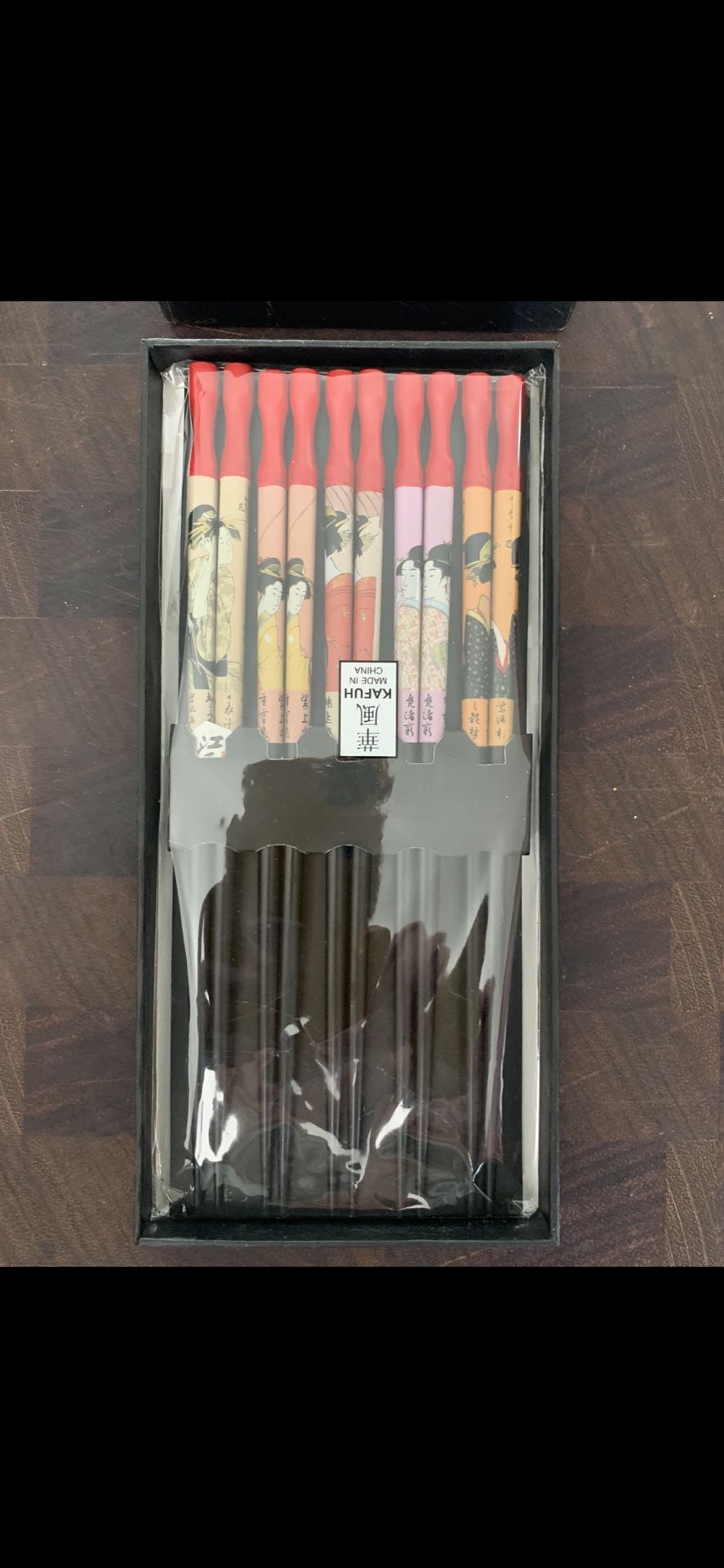 Kafuh Multi Color Geisha Faces 9" Wood Reusable Chopsticks Gift Set Of 5Pair Box