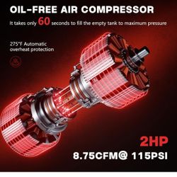 14 Gallon Ultra Quiet Air Compressor with 2 Quick Couplers 2HP 8.75 CFM, Max 115 PSI Pressure Oil-Free Air Compressor Tank, 70dB Quiet Compressor for 