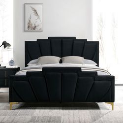 ART DECO VIBE BLACK GOLD QUEEN CAL EASTERN KING SIZE BED FRAME - CAMA