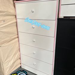New White With Pink Trim Jumbo 5 Drawer Chest Dresser 
