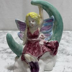 Whimsical Ceramic Fairy On A Crescent Moon Figurine Hand Painted Decor Fantasy