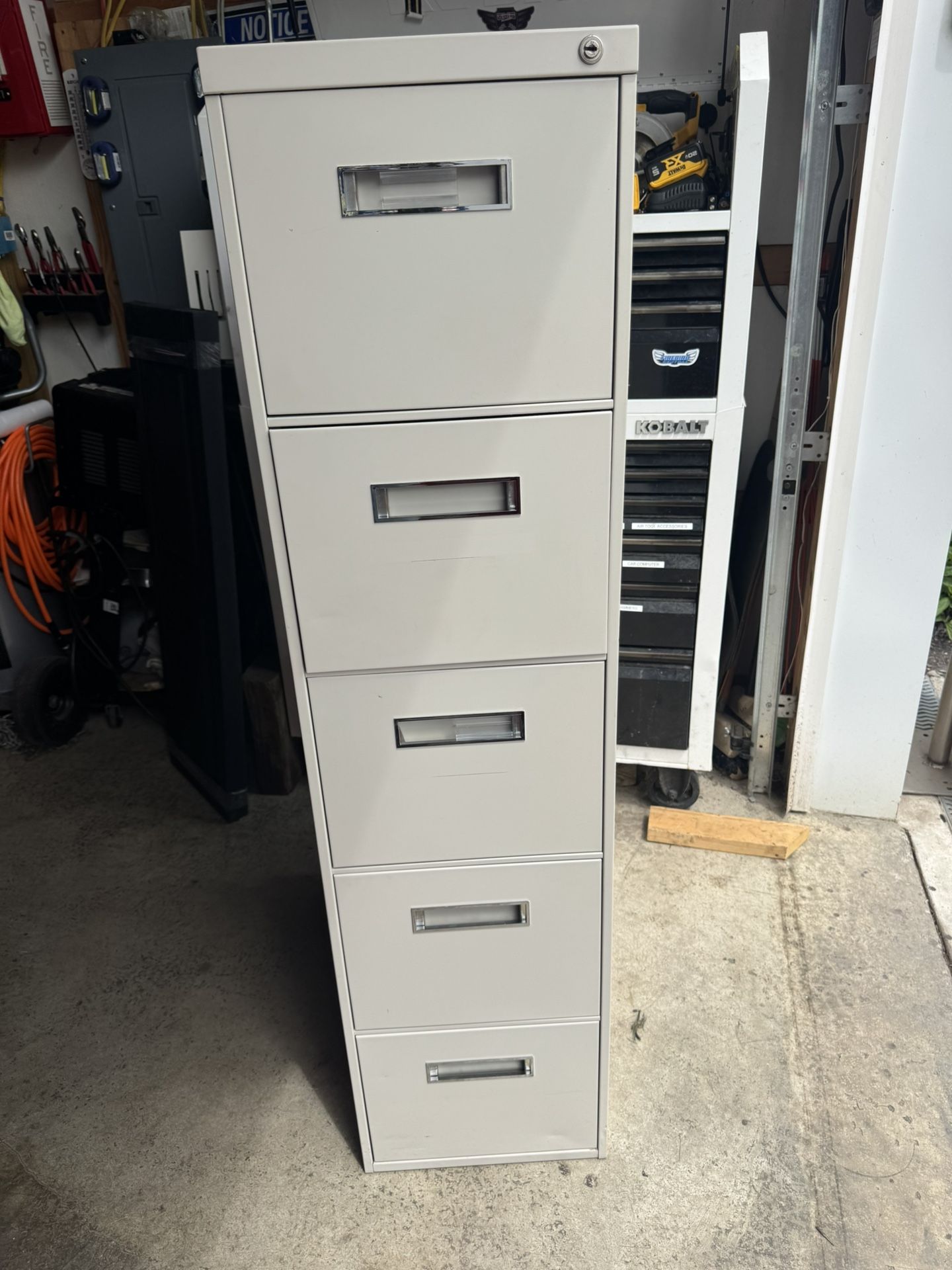 5 Drawer Filing Cabinet. No Key. 59” H x 15” W x 28 1/2” D. Must Pickup Heavy !!