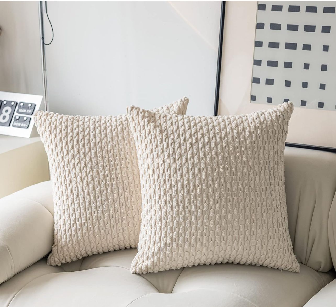 Kevin Textile Pillow Covers Decorative Set of 2 Striped Corduroy Plush Velvet Christma Pillowcases Cushion Cover for Couch 16x16 Inch Cream
