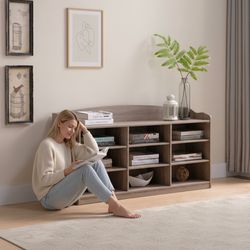 Homy Casa · Free Shipping · Taupe Haven Bench · Wooden Shoe Storage Bench with Nine Shelves