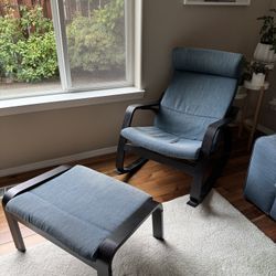 IKEA POÄNG Rocking Chair + Ottoman – Black-Brown Wood with Hillared Dark Blue Cushion