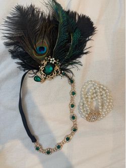 1920s Great Gatsby Flapper Headpiece, Pearl Necklace, Bracelet & Accessories Set