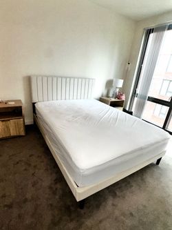 Queen Size Platform Bed Frame upholstered in Beige Velvet and Queen Mattress  EXCELLENT CONDITION