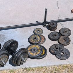 Barbell, Adjustable Dumbbells, Clamps, & Plates