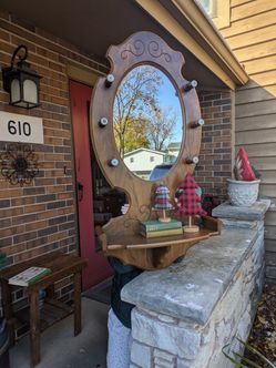 Vintage CottageCore Butler Hall Mirror With Shelf & Porcelain Hooks
