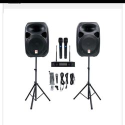 Rockville home audio, it’s 2 speakers, 2 microphone’s, speaker stands and the amplifier