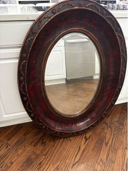 Large Vintage Oval Wall Mirror - Dark Red & Black Mottled Frame