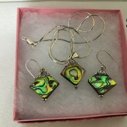 Albalone Necklace and Earrings, Sterling silver Chain And Findings