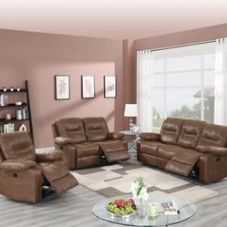 Brand New Brown Leather 3pc Reclining Sofa Set 