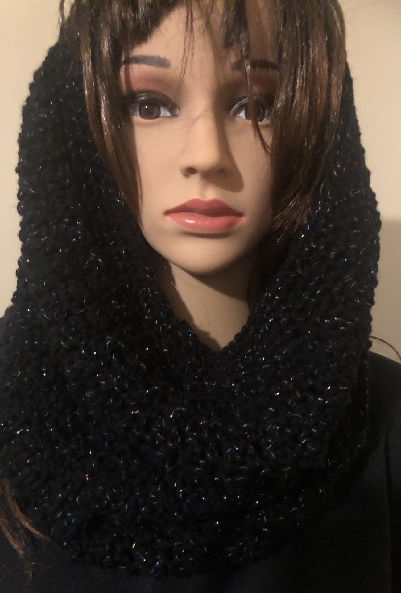 Black Cowl with Glitter Blue Pink Gold  Neck Warmer Hoodie Handmade