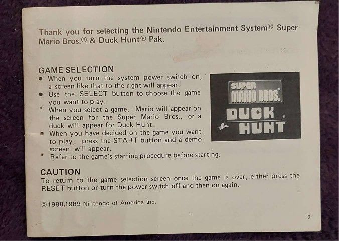 88'-89' Nintendo Super Mario Bros And Duck Hunt Pak Instruction Booklet