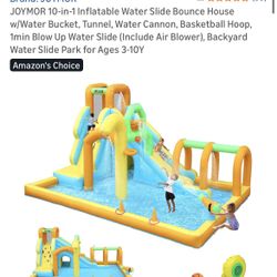 JOYMOR 10-in-1 Inflatable Water Slide Bounce House w/Water Bucket, Tunnel, Water Cannon, Basketball Hoop, 1min Blow Up Water Slide (Include Air Blower