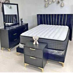 bedroom set 4 pcs new black velvet bed dresser mirror nightstand