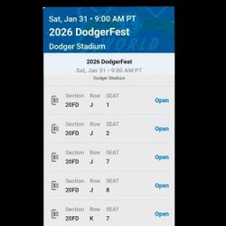 5 DODGER FEST TICKETS.  ALL SEATS ON  FIELD LEVEL 20. AISLE SEATS.  $80 EACH