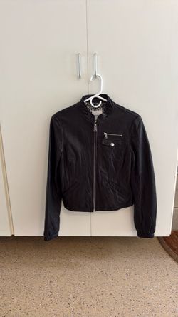 Bebe Black Zip-Up Jacket with Leopard-Print Lining