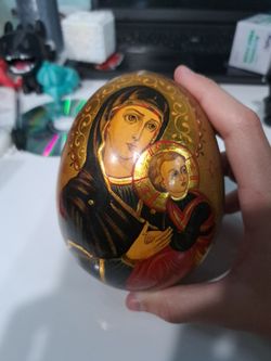 Vintage Russian Orthodox Hand-Painted Wooden Icon Egg - Virgin Mary & Child