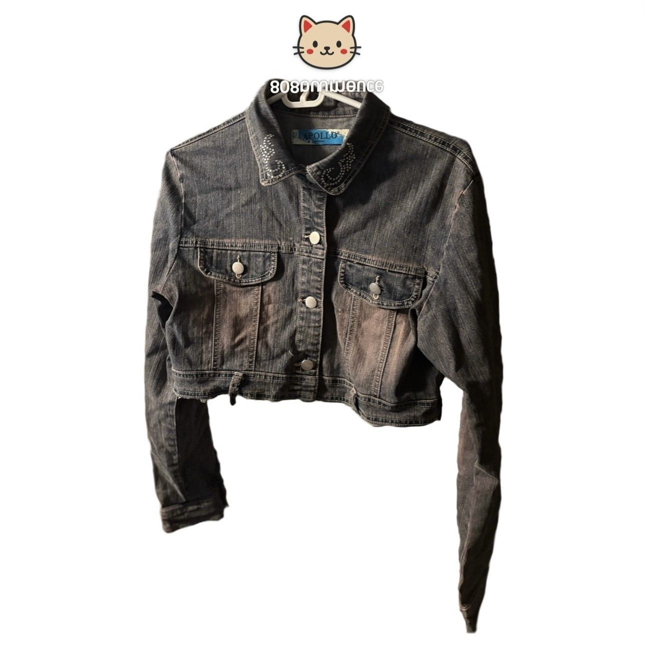 Vintage Rhinestone Motorcycle Cropped Denim Jacket | Y2K Rockstar Grunge