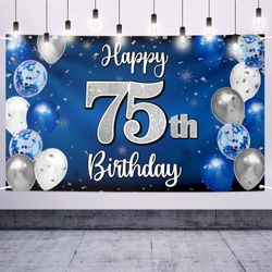 Nelbiirth Happy 75th Birthday Decorations,75th Blue & Silver Balloon Large Birthday Banner Backdrop Sign,75th Bday Party Supplies