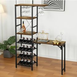 Wine Bar Cabinet with Storage, Freestanding Wine Rack and Glass Holder, Farmhouse Coffee Bar & Buffet Table, Stackable Wood and Metal Bakers Rack for 