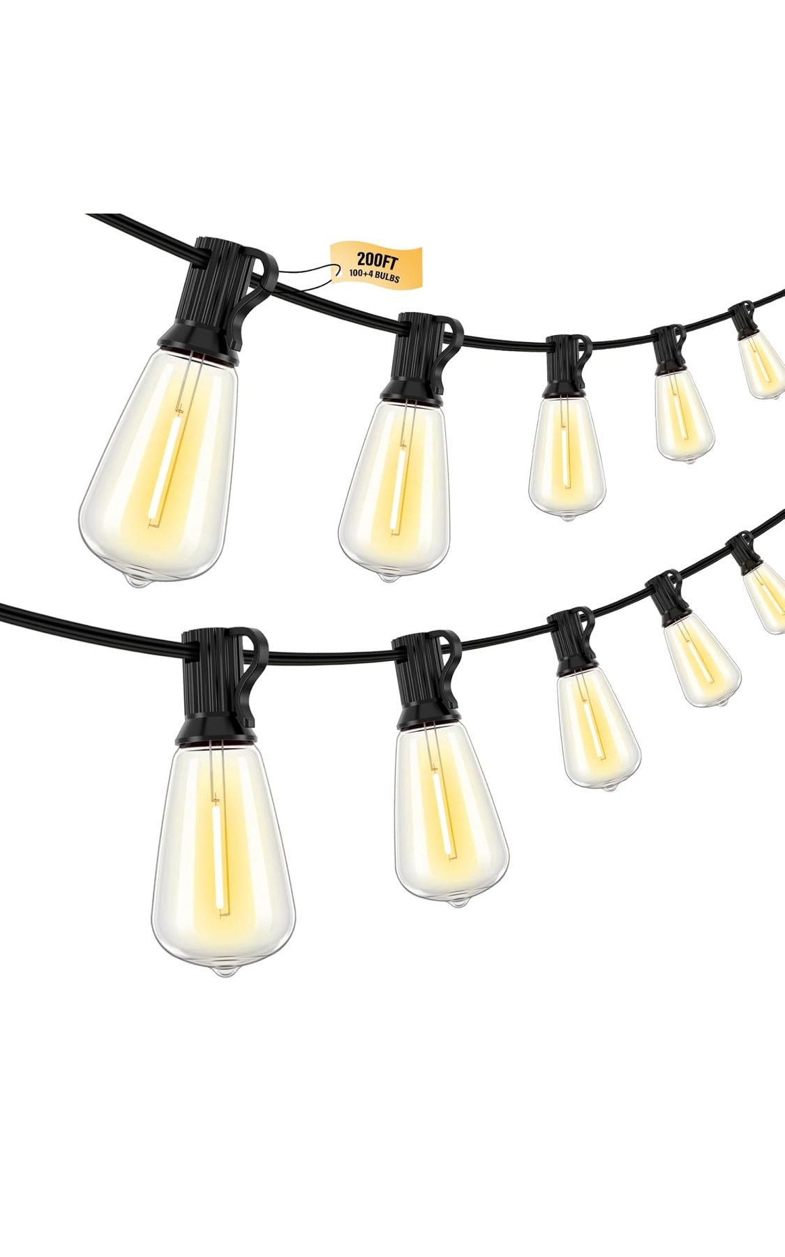 200FT LED Outdoor String Lights, 2700K LED Patio Lights Outdoor Waterproof with 100+4 Shatterproof Vintage Bulbs, Plug in Hanging Light for Porch, Bac