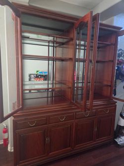 Large Cherry Wood China Cabinet Hutch