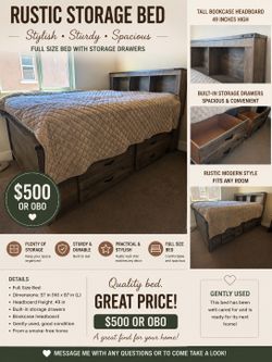 Full Size Storage Bed with Bookcase Headboard – $500 OBO