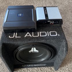 jl audio 10” sub, box, amp, and 4-channel car amp