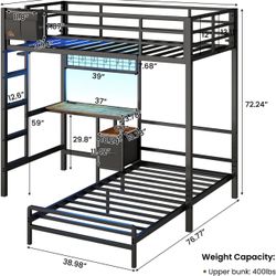 (Twin) Bunk Bed Frame with Desk,Led Lights and Charging Station 