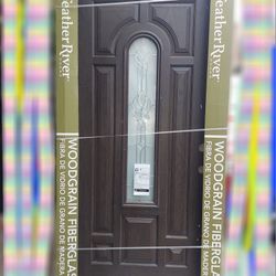 NEW 36X80 FEATHER RIVER FIBERGLASS EXTERIOR FRONT ENRTY DOOR WALNUT OAK LEFT HAND