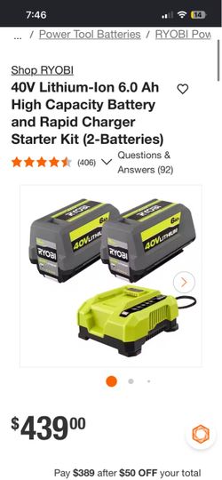 RYOBI 40V 6.0Ah Battery and Rapid Charger Starter Kit