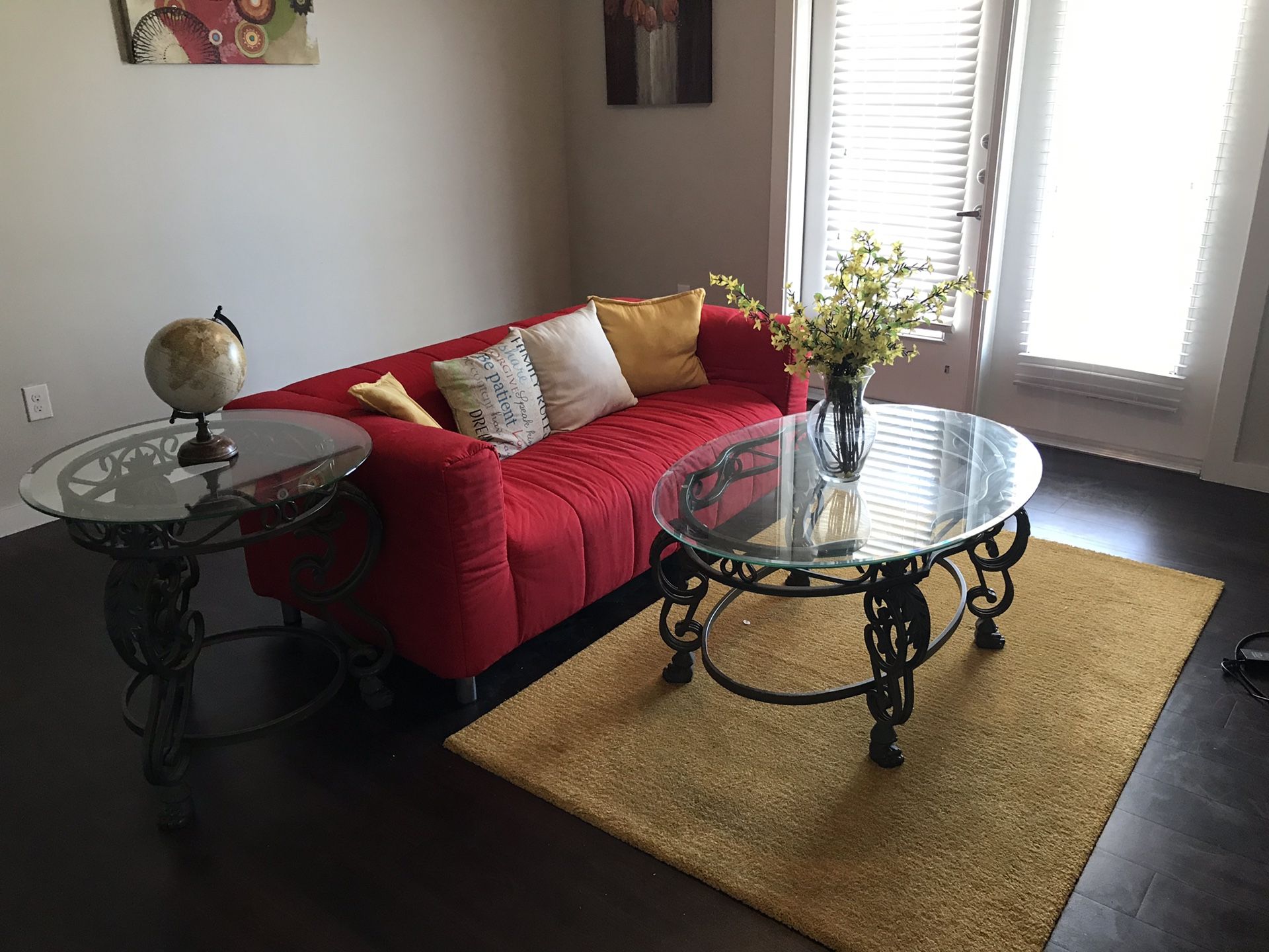 Mattress, box spring and night stands. Sofa tables and rug