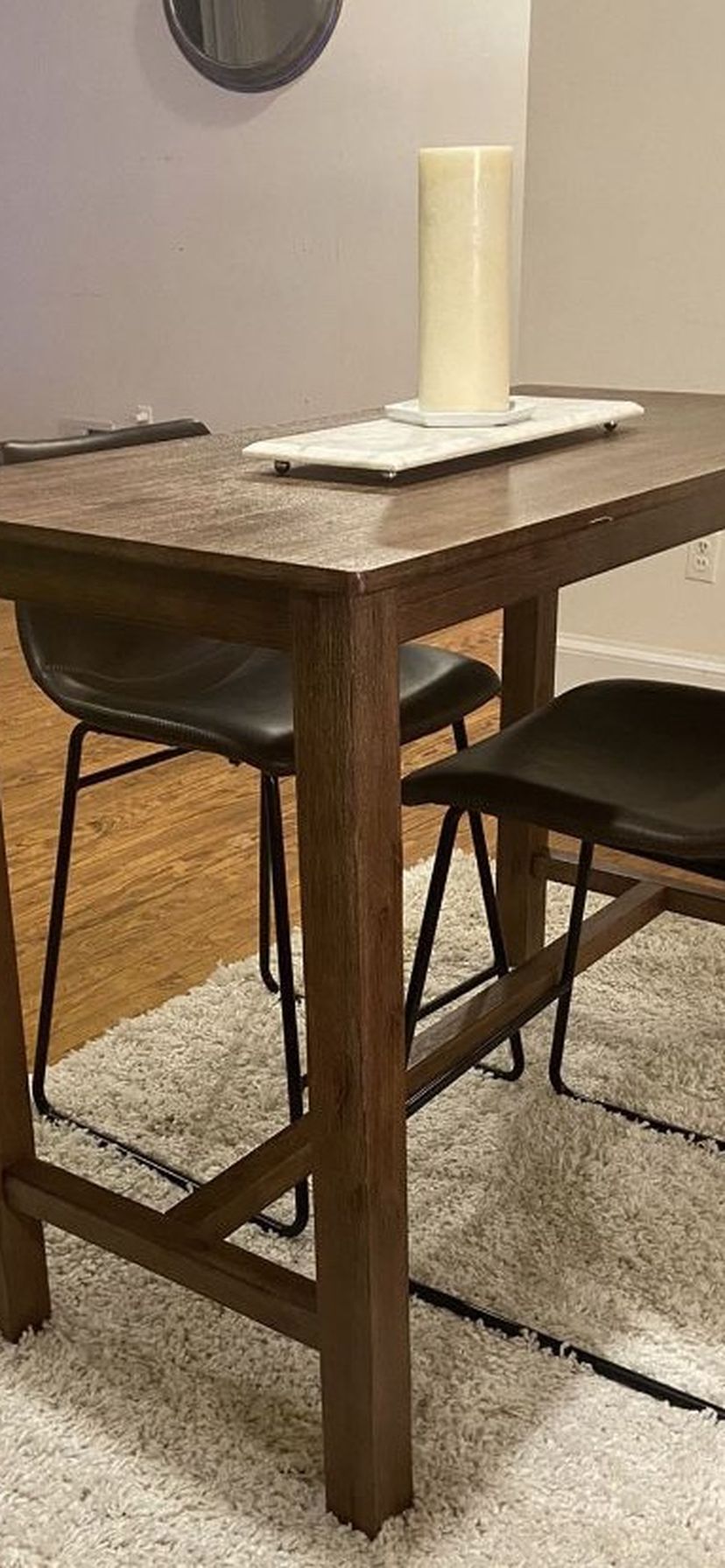 Brown Wooden High Dining Table w/ Leather Chairs