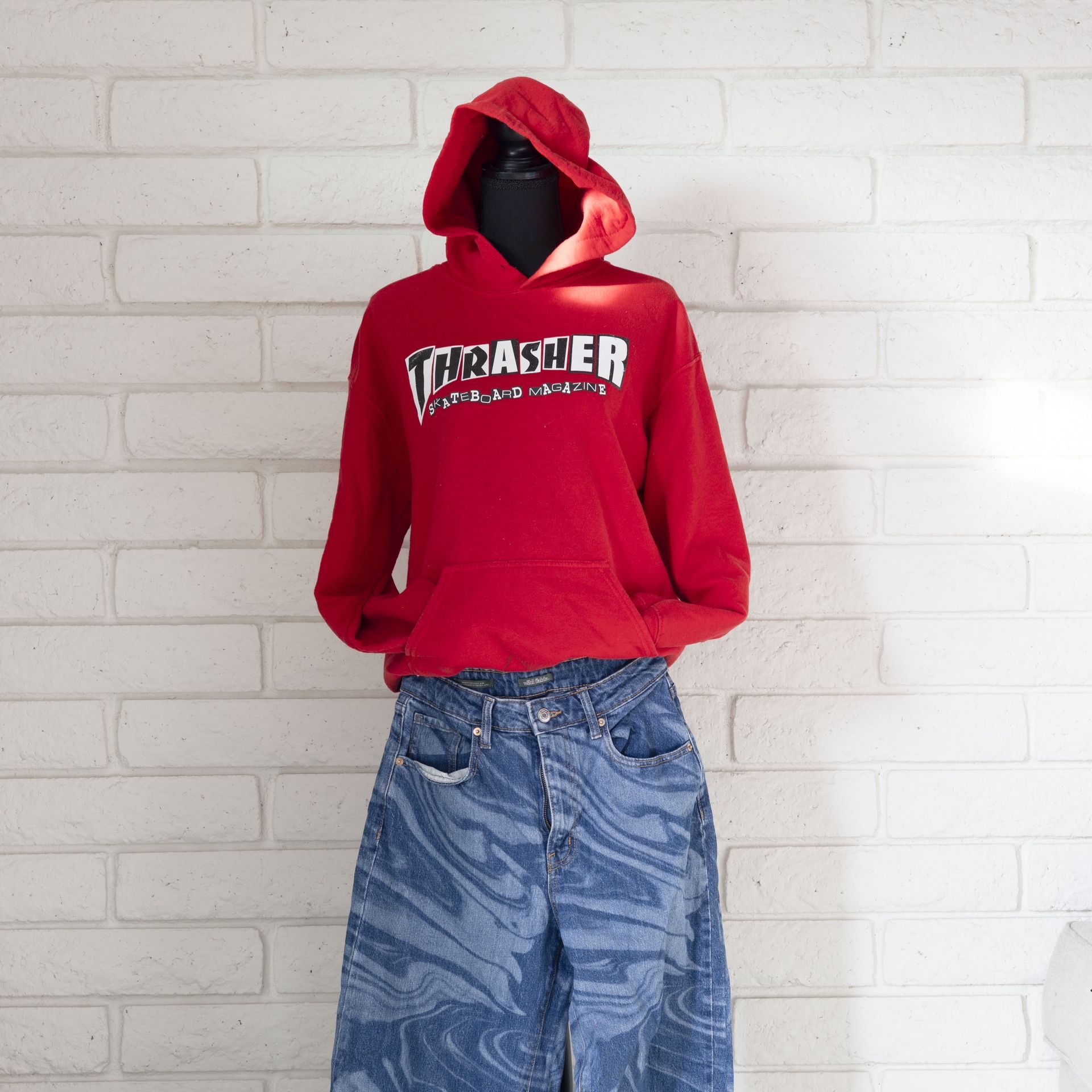 Thrasher x Baker Red Hoodie & Blue Jeans 2-Piece Trendy Teenager Streetwear Bundle
