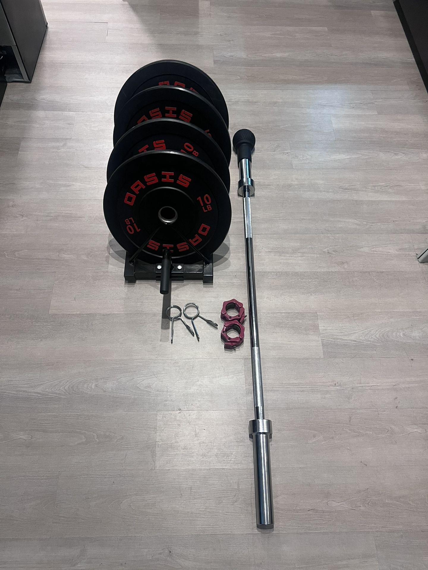 Barbell With 10 & 15lb Plates With Storage Stand, Landmine Attachment And Clips