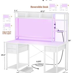 😀 Aheaplus Desk with LED and Outlets, Gaming Desk with Hutch, 55.2'' Computer Desk with Drawers, Reversible Office Desk with Storage Bookshelf Large 