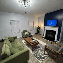 Mid Century Modern Green Sofa + Accent Chair