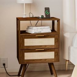 Rattan Nightstand with Charging Station, Farmhouse Bedside Table with 2 Storage Drawer and Open Wood Shelf, for Bedroom and Small SpReg.Retail $64.99