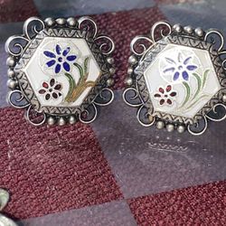 Antique Silver Enamel Hand Painted Over Porcelain Cufflinks